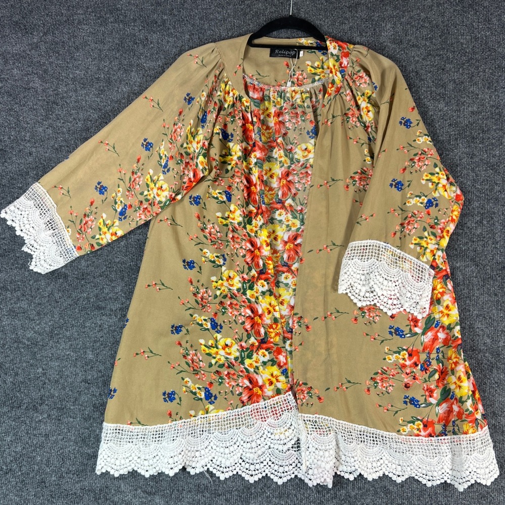 Relipop Women Floral Print‎ Kimono Cardigan Lace Trim Tan M